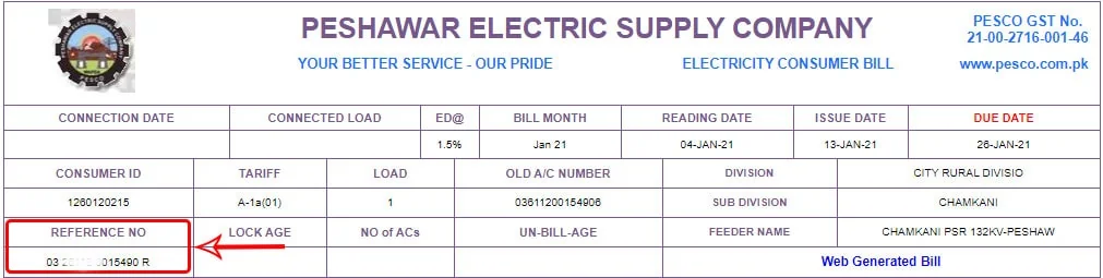 In this Image you can see the PESCO bill reference number or Consumer ID  places mention on the top left side of the PESCO previous month bill